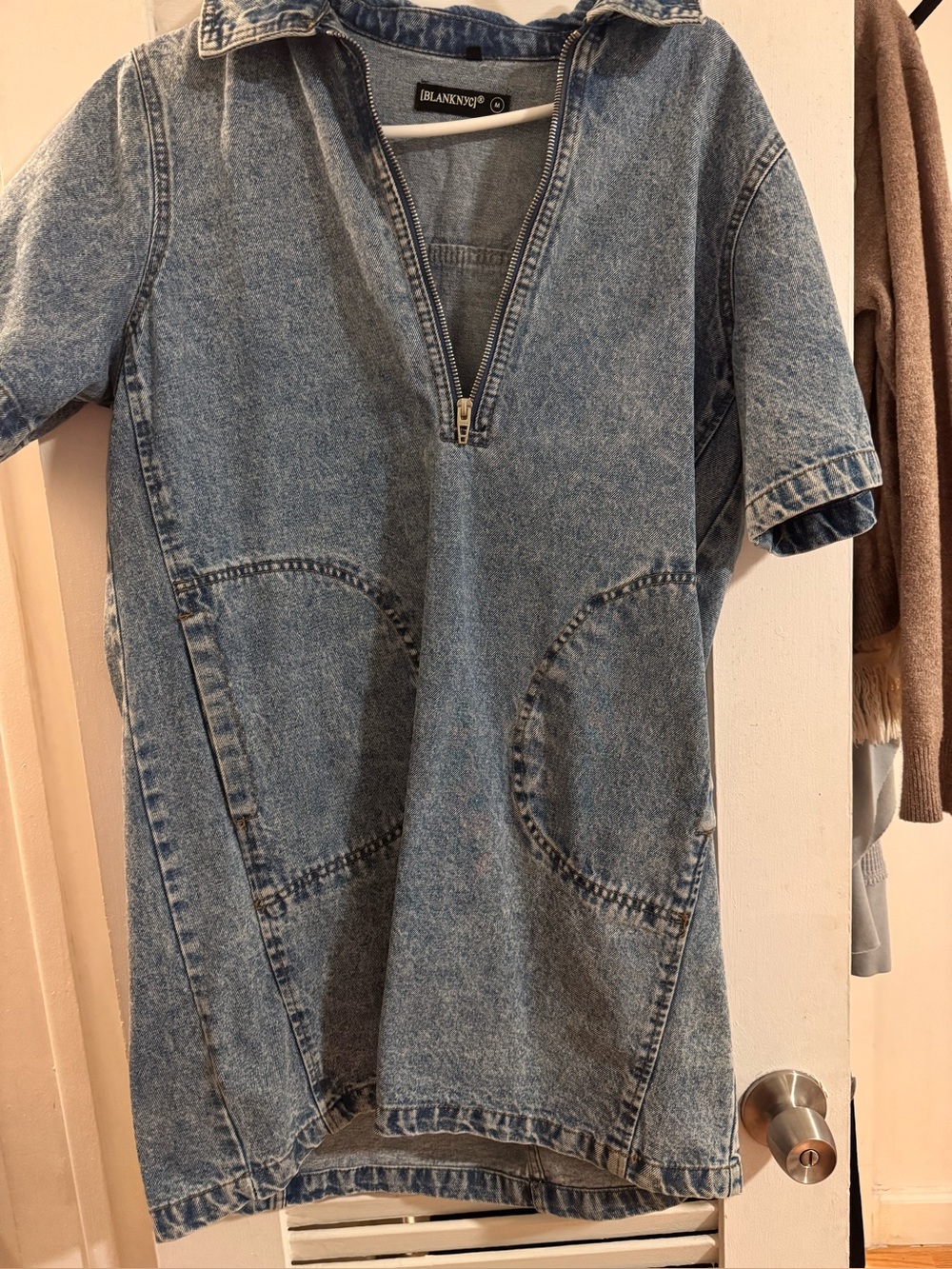 Blank NYC Light Wash Denim Short Sleeve Dress with Front Zip